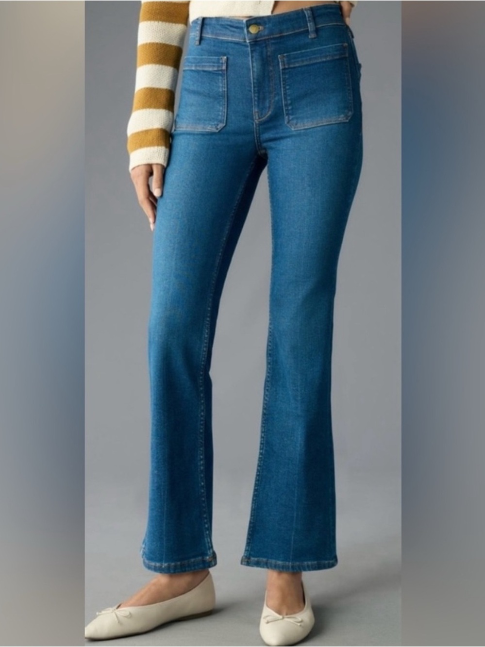 PILCRO Anthropologie Yaya Patch Pocket Flare Denim Blue Jeans Nautical Comfy 31